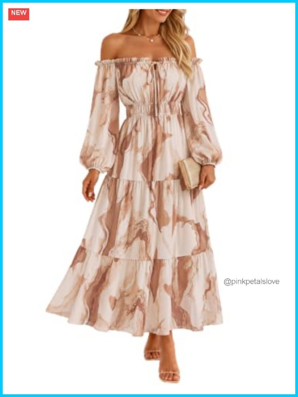 Womens Floral Chiffon Maxi Dress Long Sleeve Off Shoulder A Line with Pockets